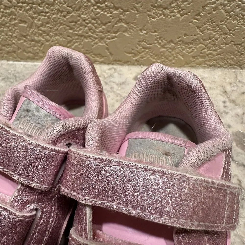 Kids PUMA Trainers Sneakers Pink Glitter‎ - Size 6C Hook And Loop Fastener